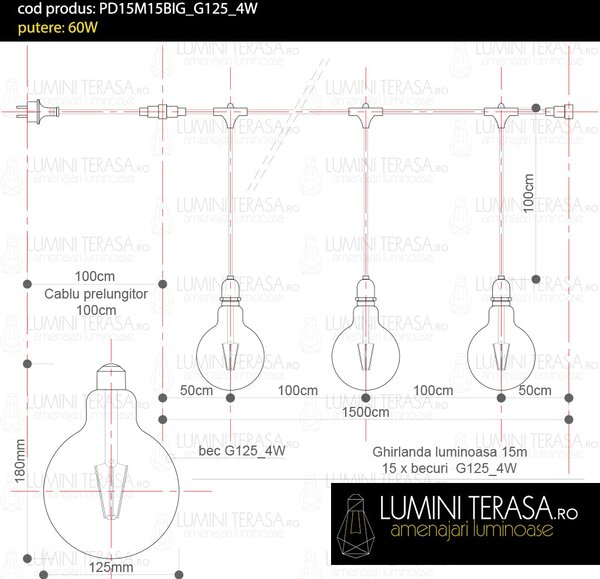 Ghirlanda luminoasa 15 m. cu 15 becuri mari G125 4W LED E27 interconectabila