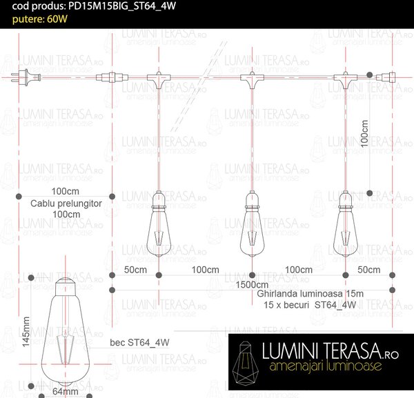 Ghirlanda luminoasa 15 m. cu 15 becuri mari ST64 4W LED E27 interconectabila