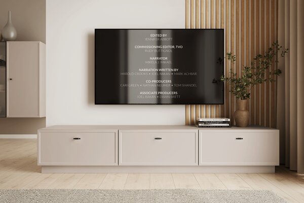 Comodă TV Lorini 200 cm cu sertare - culoare cașmir / mânere negre tip T-bar