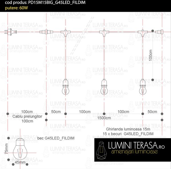 Ghirlanda luminoasa 15 m. cu 15 becuri G45 4W LED E27 interconectabila