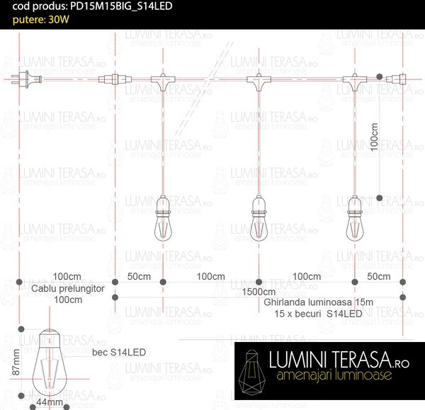 Ghirlanda luminoasa 15 m. cu 15 becuri S14 LED E27 interconectabila