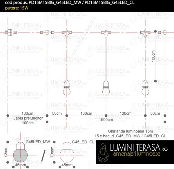 Ghirlanda luminoasa 15 m. cu 15 becuri G45 1W LED E27 interconectabila