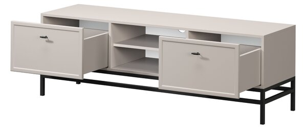 Comodă TV Lorini 150 cm cu sertare - culoare cașmir / mânere tip T-bar și cadru negre
