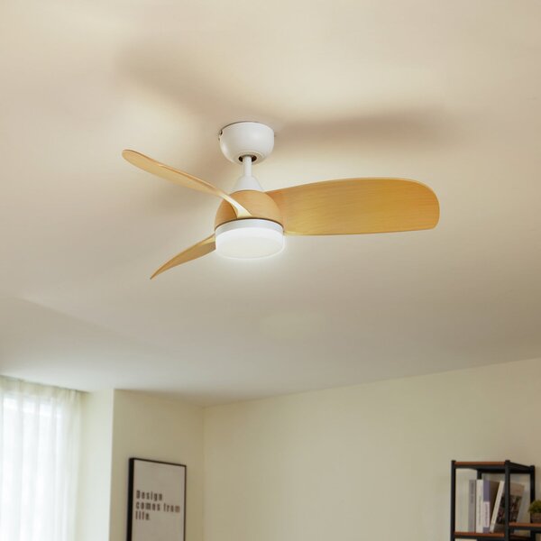 Ventilator de tavan cu LED Enon, alb/culoarea lemnului, curent continuu (DC), Lindby, Enon, reglabil, Alb, Camera de zi, Metal, Modern
