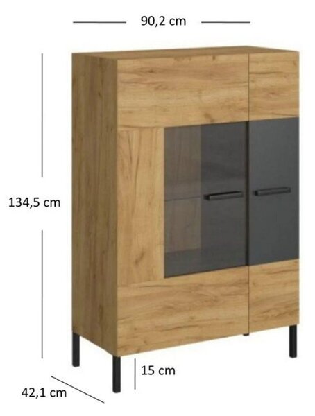 Vitrina SANTES, stejar artisan auriu, PAL laminat, 90x42x135 cm
