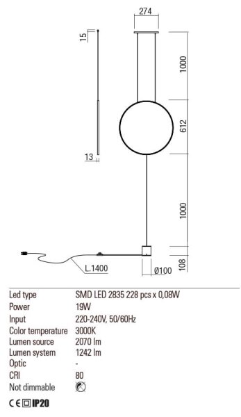 Lampadar Redo 01-2197 SLICK LED/19W/230V negru