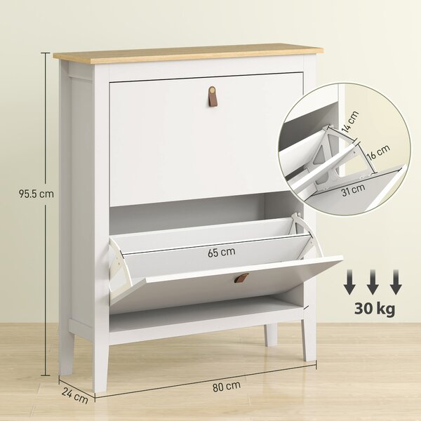 HOMCOM Pantofar cu 2 Sertare Rabatabile pentru 14 Perechi de Pantofi și Rafturi Reglabile, 80x24x95.5 cm, Alb | Aosom Romania