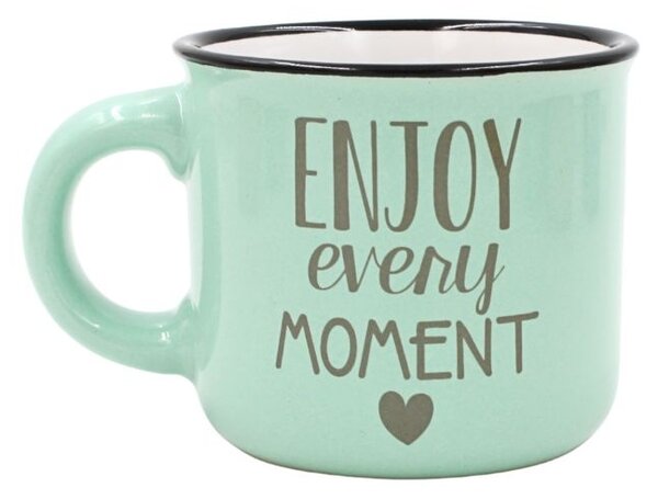 Cană cafea espresso Nekupto 80 ml, ceramică, verde, mesajul „Enjoy every moment”