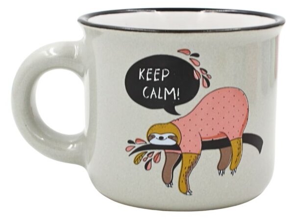 Cană cafea espresso Nekupto 80 ml, ceramică, gri, imprimeu leneș KEEP CALM