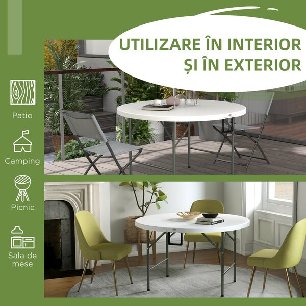 Outsunny Masă Pliabilă de Grădină Φ122 cm, Masă de Picnic Rotundă pentru 6 Persoane, Cadru Metalic, Alb | Aosom Romania