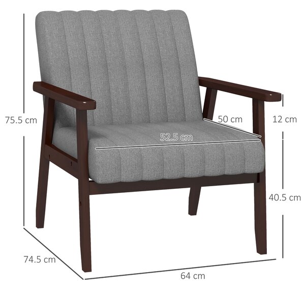HOMCOM Fotoliu Tip Scaun din Material, Fotoliu Capitonat pentru Dormitor, Sufragerie, cu Picioare din Lemn, 64x74,5x75,5 cm, Gri | Aosom Romania