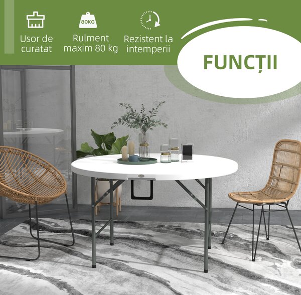 Outsunny Masă Pliabilă de Grădină Φ122 cm, Masă de Picnic Rotundă pentru 6 Persoane, Cadru Metalic, Alb | Aosom Romania