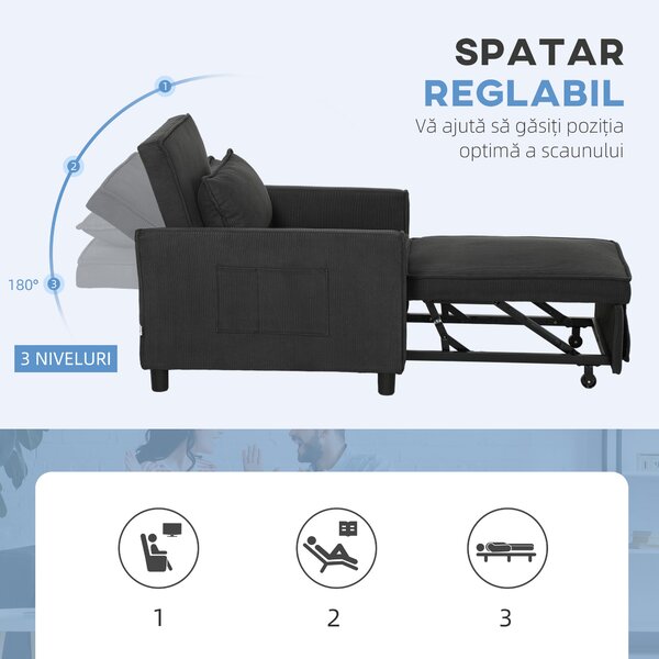 HOMCOM Fotoliu-Pat 3 în 1 cu Buzunare Laterale și Spătar Rabatabil, Fotoliu Modern Convertibil în Pat, 74x84x81 cm, Gri | Aosom Romania
