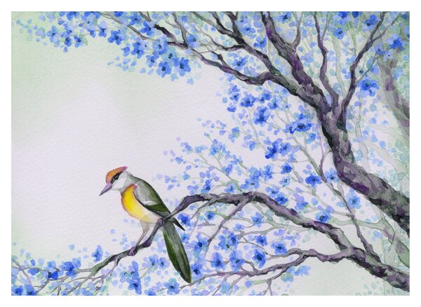 Tablou pe sticlă - Pasăre pe un copac cu flori albastre (70x50 cm)