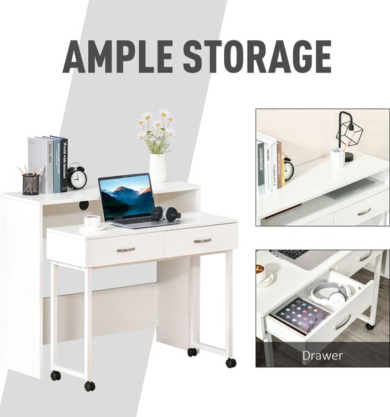 HOMCOM Birou Dublu Ergonomic Separabil cu Role, Rafturi Interioare pentru Organizare Eficientă, Design Modern, Alb, 100x36x88 cm | Aosom Romania
