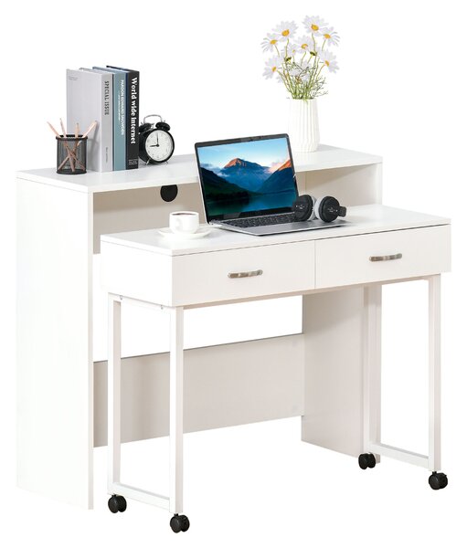 HOMCOM Birou Dublu Ergonomic Separabil cu Role, Rafturi Interioare pentru Organizare Eficientă, Design Modern, Alb, 100x36x88 cm | Aosom Romania