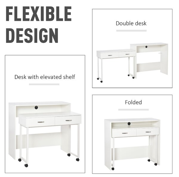 HOMCOM Birou Dublu Ergonomic Separabil cu Role, Rafturi Interioare pentru Organizare Eficientă, Design Modern, Alb, 100x36x88 cm | Aosom Romania