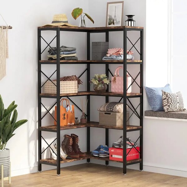 Biblioteca Cindy pentru colt din culuare nuc si negru, 167 cm