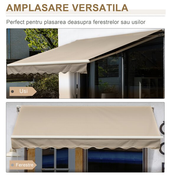 Outsunny Copertină Retractabilă pentru Terasă cu Manivelă Manuală, Rezistentă la Apă, Structură Metalică și Aluminiu, 4x2.5m, Bej | Aosom Romania