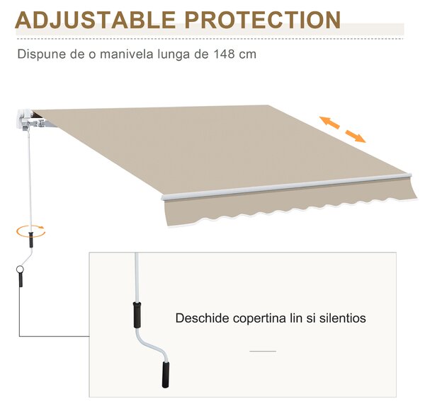 Outsunny Copertină Retractabilă pentru Terasă cu Manivelă Manuală, Rezistentă la Apă, Structură Metalică și Aluminiu, 4x2.5m, Bej | Aosom Romania