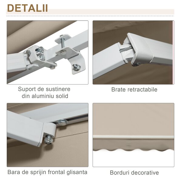 Outsunny Copertină Retractabilă pentru Terasă cu Manivelă Manuală, Rezistentă la Apă, Structură Metalică și Aluminiu, 4x2.5m, Bej | Aosom Romania
