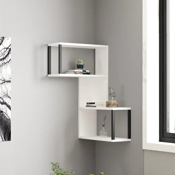 Raft de perete Lester pentru colt, culoare alb si negru 84 cm