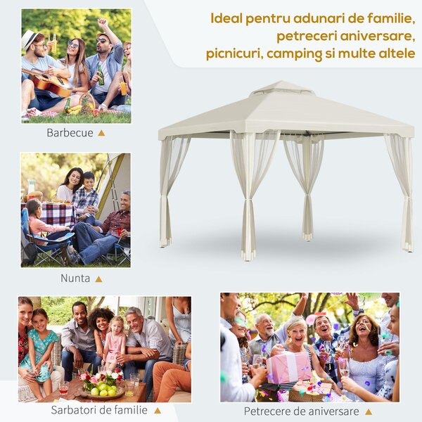 Foisor de Gradina Outsunny, Acoperis Dublu Plasa Tantari Pereti Laterali Bej 295x295x263cm | Aosom RO