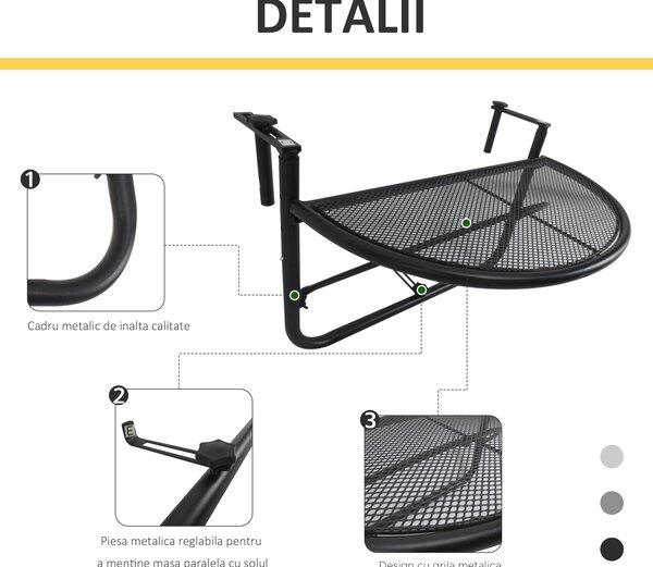 Outsunny Masă Suspendată pentru Balcon, Reglabilă în Înălțime, Design Spațiu-Eficient, Fier, Negru, 60x45x50 cm | Aosom Romania