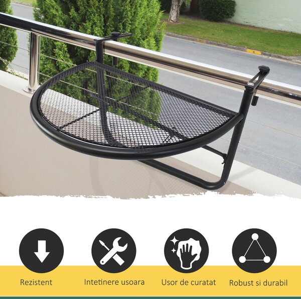 Outsunny Masă Suspendată pentru Balcon, Reglabilă în Înălțime, Design Spațiu-Eficient, Fier, Negru, 60x45x50 cm | Aosom Romania