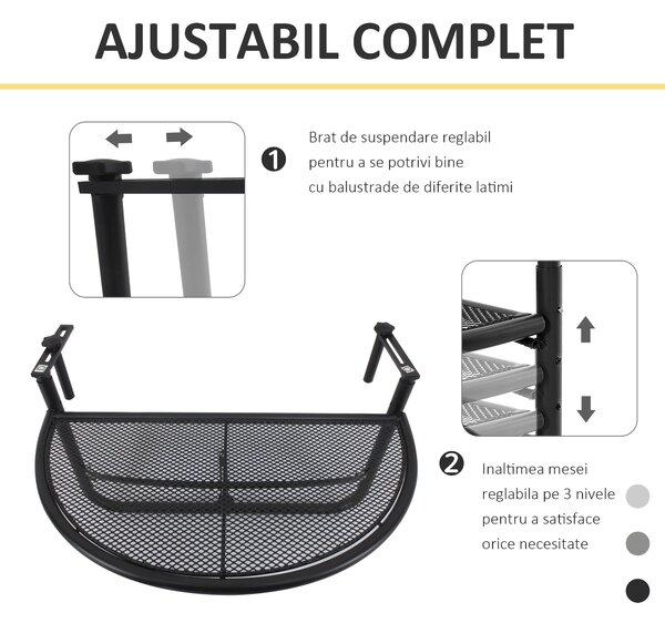 Outsunny Masă Suspendată pentru Balcon, Reglabilă în Înălțime, Design Spațiu-Eficient, Fier, Negru, 60x45x50 cm | Aosom Romania