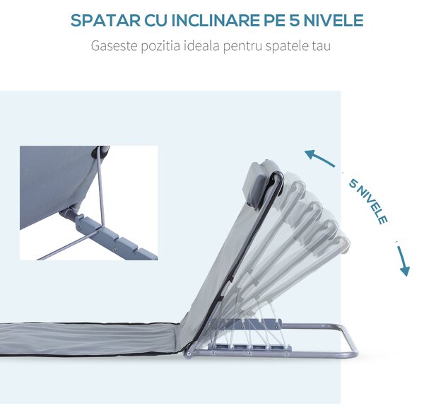 Set de 2 Saltele de Plaja Outsunny, Pliabile cu Spatar Reglabil Gri | Aosom Romania