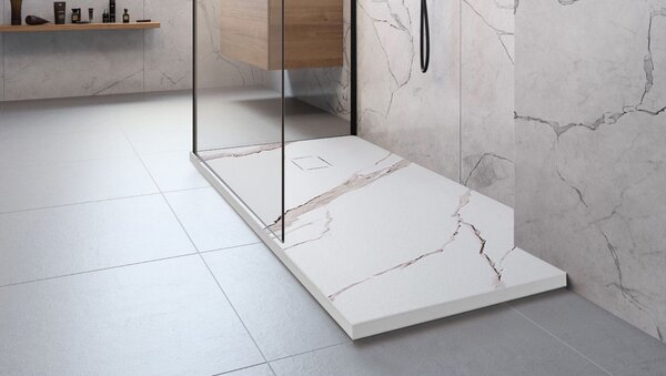 Rea Basalt Carrara, cadă de duș SMC 90x90, model cu piatră albă, REA-K7002