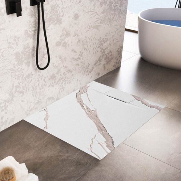 Rea Basalt Carrara, cadă de duș SMC 90x90, model cu piatră albă, REA-K7002