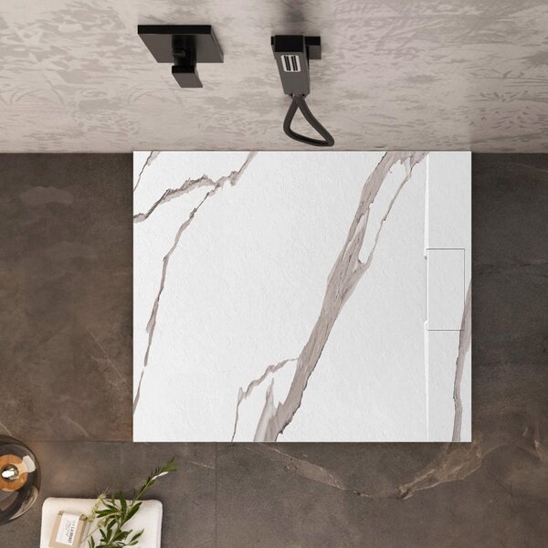 Rea Basalt Carrara, cadă de duș SMC 90x90, model cu piatră albă, REA-K7002