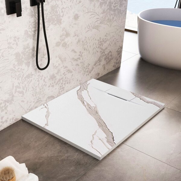 Rea Basalt Carrara, cadă de duș SMC 90x90, model cu piatră albă, REA-K7002