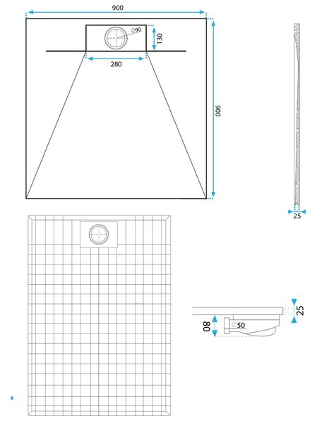 Rea Basalt Carrara, cadă de duș SMC 90x90, model cu piatră albă, REA-K7002