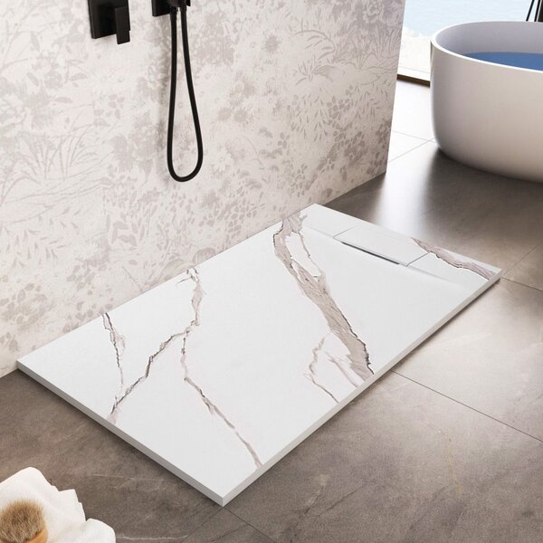 Rea Basalt Carrara, cadă de duș SMC 80x100, model piatră albă, REA-K7000
