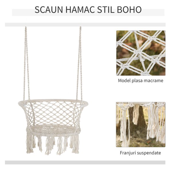 Outsunny Scaun Suspendat Stil Boho Chic din Poliester și Macramé, Crem, Design Confortabil pentru Interior și Exterior, 80x60x36 cm | Aosom Romania