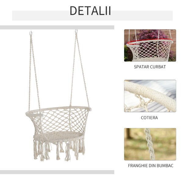 Outsunny Scaun Suspendat Stil Boho Chic din Poliester și Macramé, Crem, Design Confortabil pentru Interior și Exterior, 80x60x36 cm | Aosom Romania