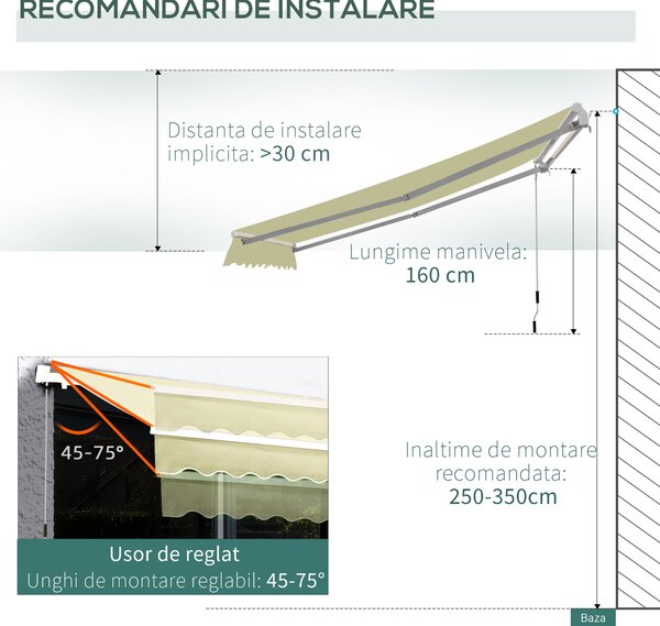Outsunny copertina pentru soare, cu manivela, 295 x 250 cm | AOSOM RO