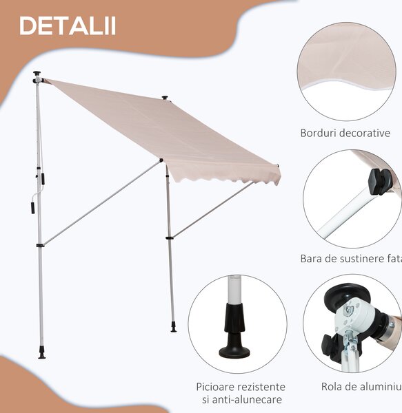 Outsunny Copertină Retractabilă cu Manivelă, Protecție UV, Cadru Telescopic și Unghi Reglabil, Ideal pentru Grădină și Terasă | Aosom Romania