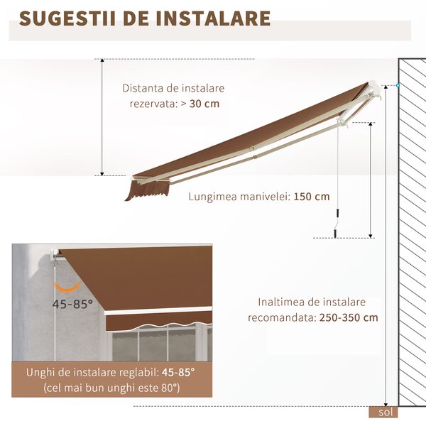 Outsunny Copertina de Soare pentru Exterior care se Ruleaza cu Manivela, Copertina Impermeabila, Metal si Aluminiu, Rosu Ruginiu, 395x245cm