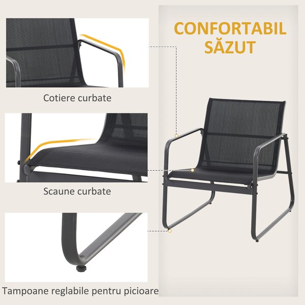 Outsunny Set Masă Bancă si 2 Scaune de Gradina, Mobilier de Exterior din Metal si Textilen, Neagra | Aosom Romania
