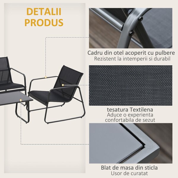 Outsunny Set Masă Bancă si 2 Scaune de Gradina, Mobilier de Exterior din Metal si Textilen, Neagra | Aosom Romania