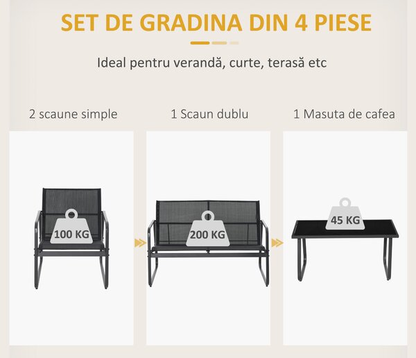 Outsunny Set Masă Bancă si 2 Scaune de Gradina, Mobilier de Exterior din Metal si Textilen, Neagra | Aosom Romania