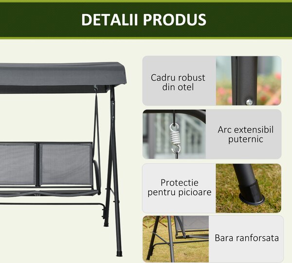 Outsunny Balansoar cu 2 Locuri de Gradina pentru Exterior cu Baldachin Reglabil si Sezuta din Textilen, 140x118x162cm Gri | Aosom Romania