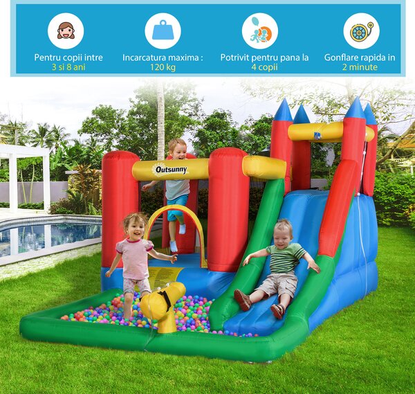 Outsunny Set de Joacă Gonflabil pentru Copii, Tobogan, Trambulină, Piscină, Pistol Apă, 330x245x215cm, Colorat | Aosom Romania