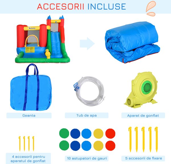 Outsunny Set de Joacă Gonflabil pentru Copii, Tobogan, Trambulină, Piscină, Pistol Apă, 330x245x215cm, Colorat | Aosom Romania