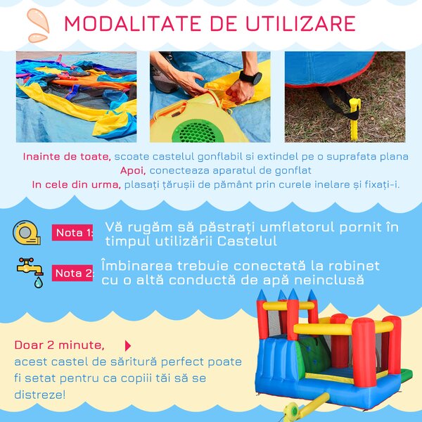 Outsunny Set de Joacă Gonflabil pentru Copii, Tobogan, Trambulină, Piscină, Pistol Apă, 330x245x215cm, Colorat | Aosom Romania