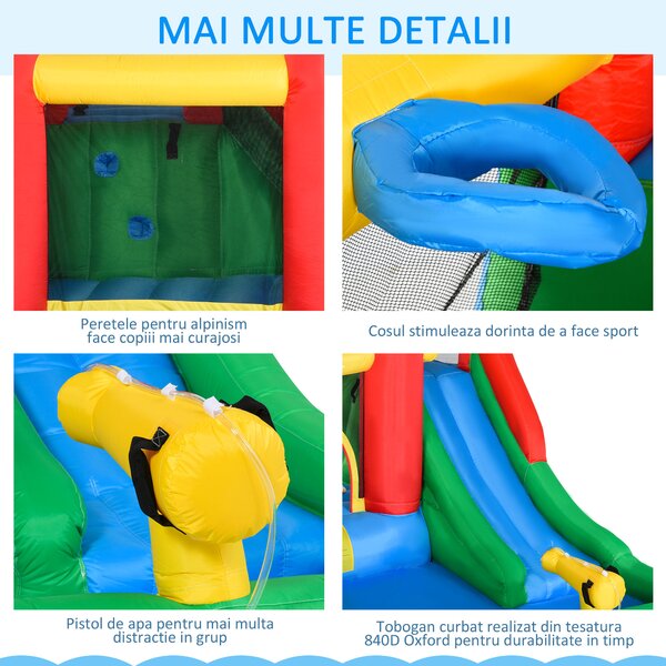Outsunny Set de Joacă Gonflabil pentru Copii, Tobogan, Trambulină, Piscină, Pistol Apă, 330x245x215cm, Colorat | Aosom Romania